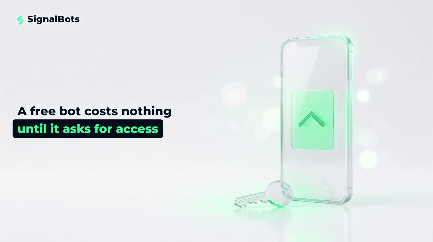 A glass smartphone showing a green alert card stands beside a small glass key on a pale studio surface.