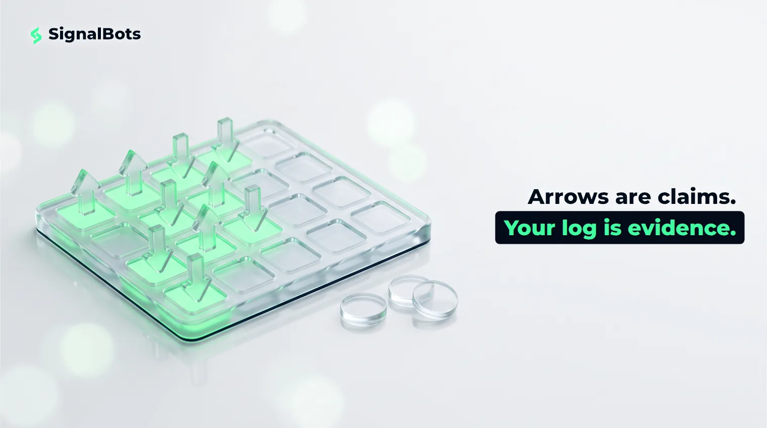 Glass arrow tokens being placed one by one into the slots of a clear glass tray, the filled slots lit from below in green.
