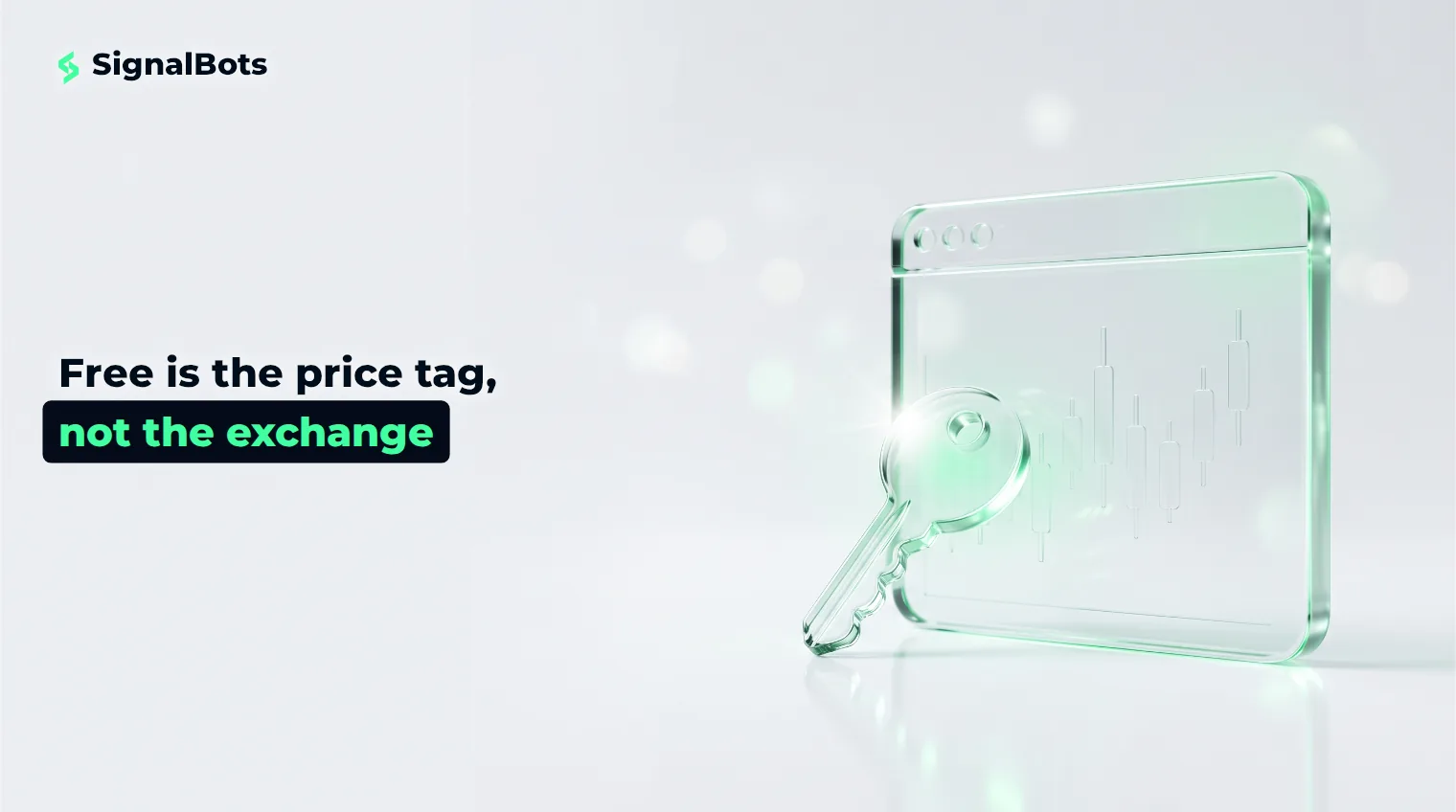 A glass key resting against a translucent glass browser window on a near-white surface, lit like a product photograph.