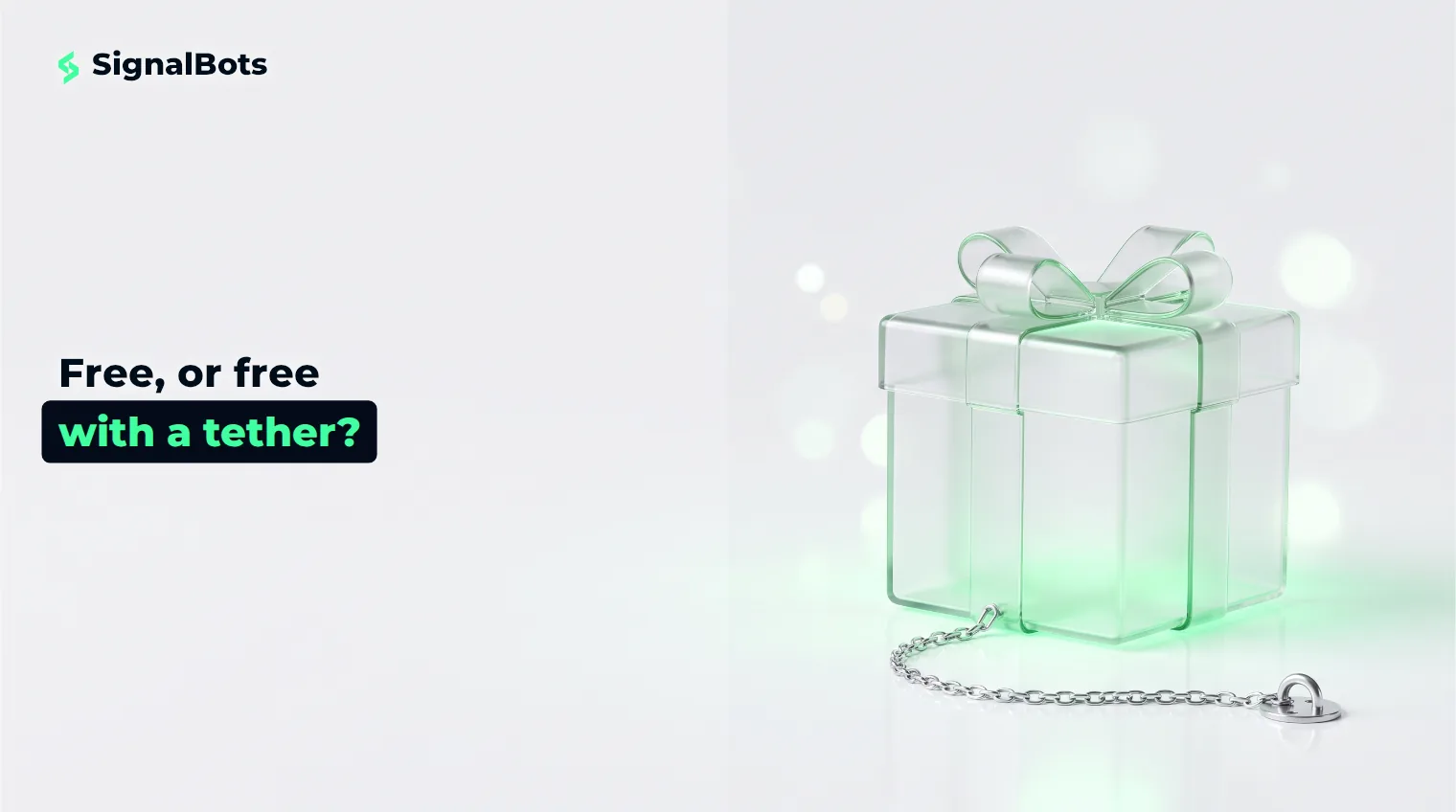 A glass gift box on a pale studio surface with a thin steel chain tethering it to an anchor plate.