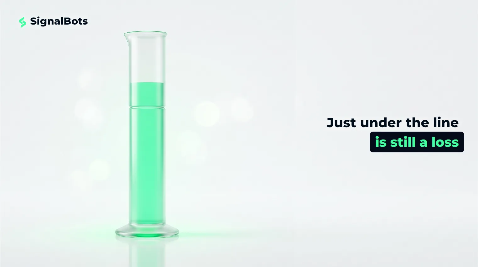 A glass measuring column of green liquid filled to just below an engraved threshold ring.