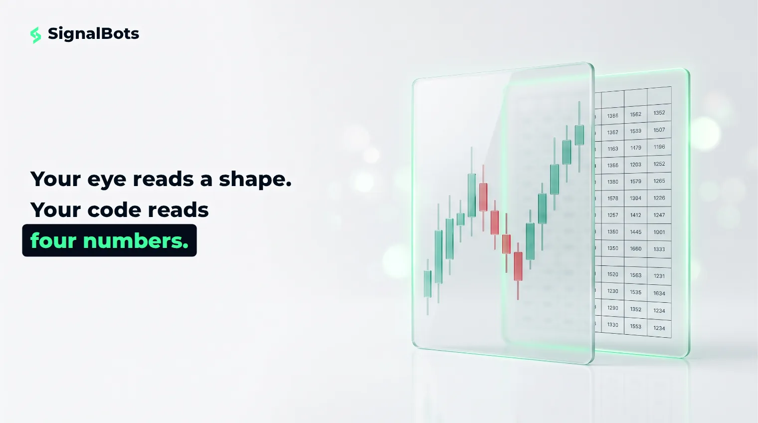 Two upright glass panes: the front one etched with a candlestick chart, the one behind it etched with the same data as a plain grid of cells.