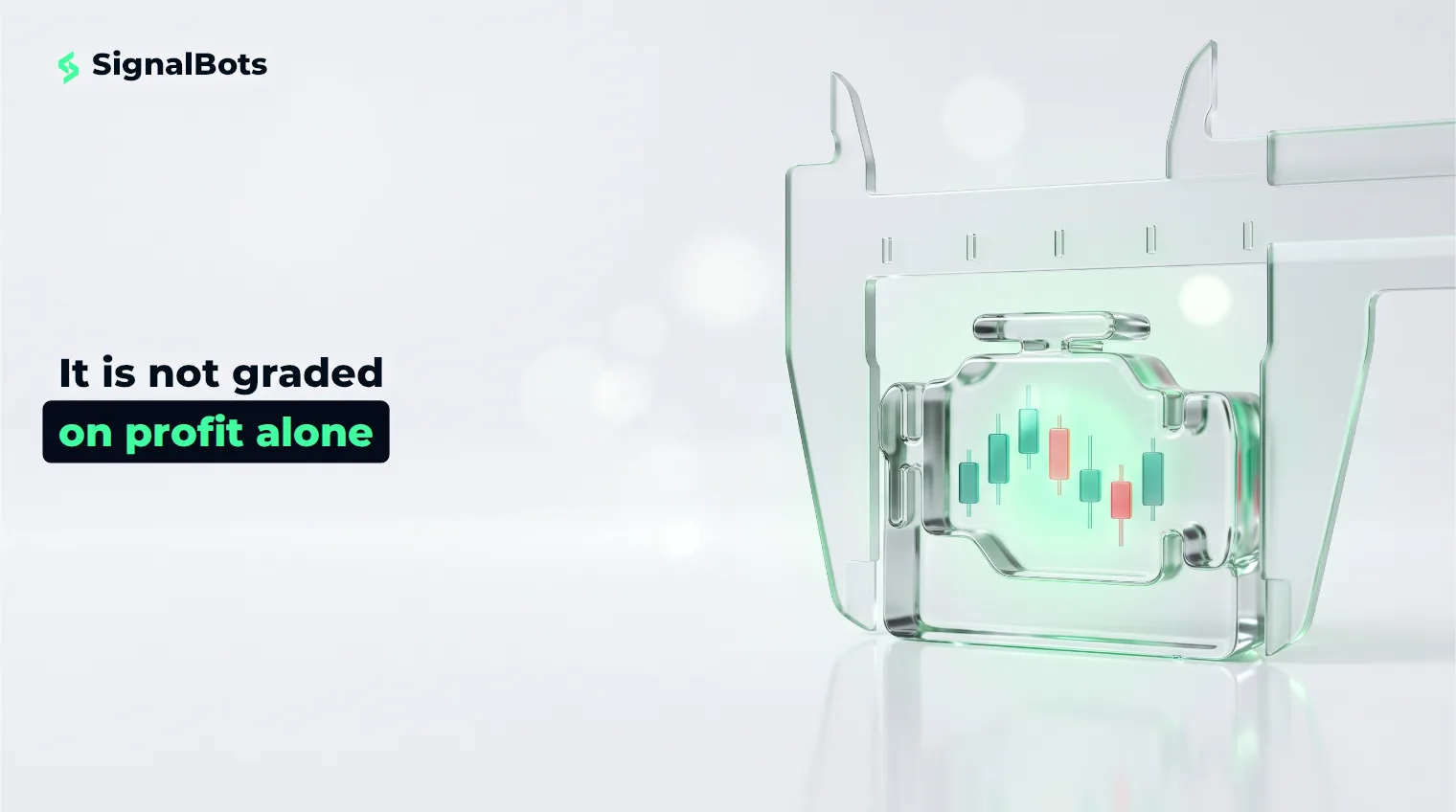 A glass engine block containing a glowing candlestick chart, held inside a frosted glass measuring frame on a pale studio surface.
