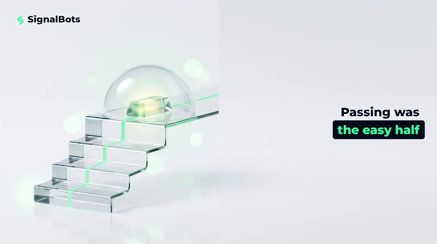 A glass ingot glowing green at the top of a short flight of glass steps, sheltered under a low protective glass dome.