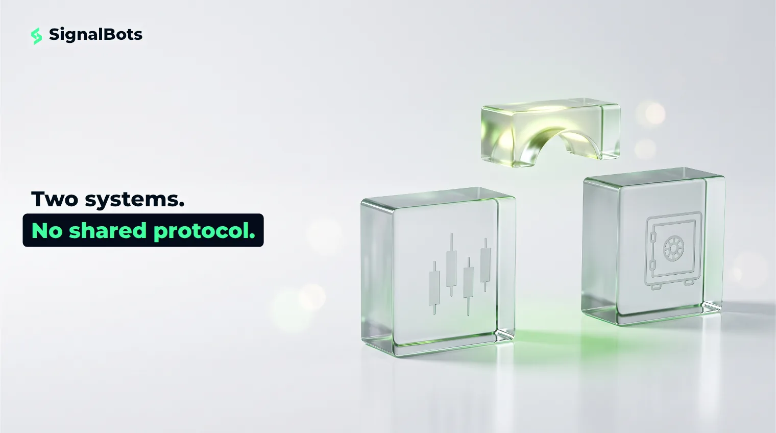 Two glass blocks standing apart with a glowing green glass bridge segment hovering above the gap between them.