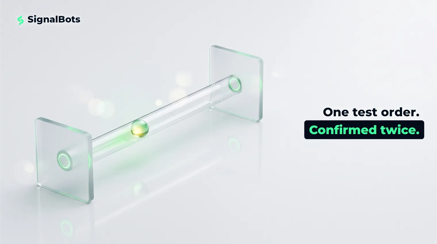 A single glowing glass sphere travelling through a glass tube between two panels, each showing a green confirmation ring.