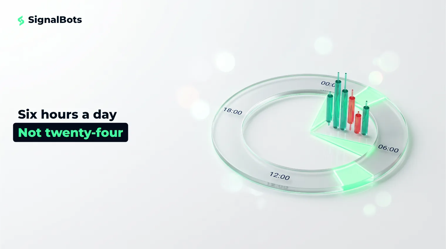 A frosted 24-hour glass dial on a pale surface with two narrow green-lit wedges, small glass candlesticks standing inside one of them.