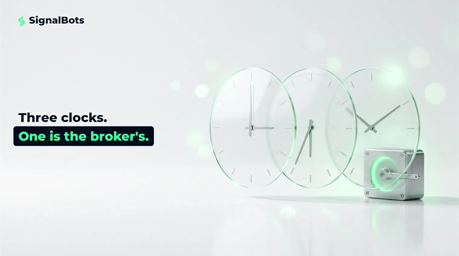 Three glass clock faces showing different times beside a smoothly running sealed mechanism on a near-white studio surface.