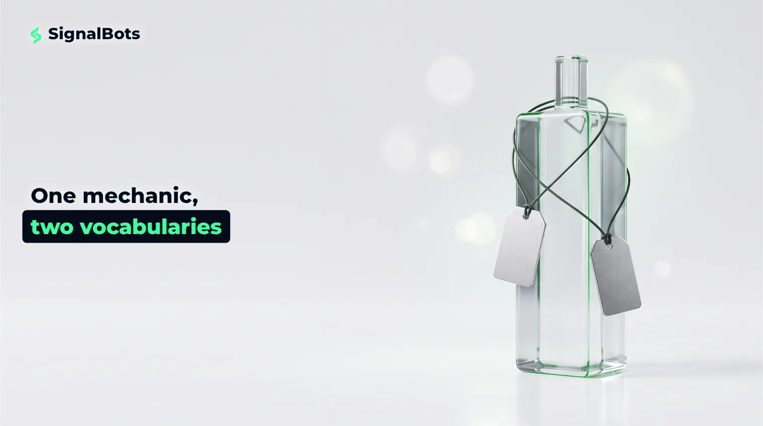 A single glass trading candle sculpture with two identical blank name tags hanging from it, illustrating one mechanic carrying two different labels.