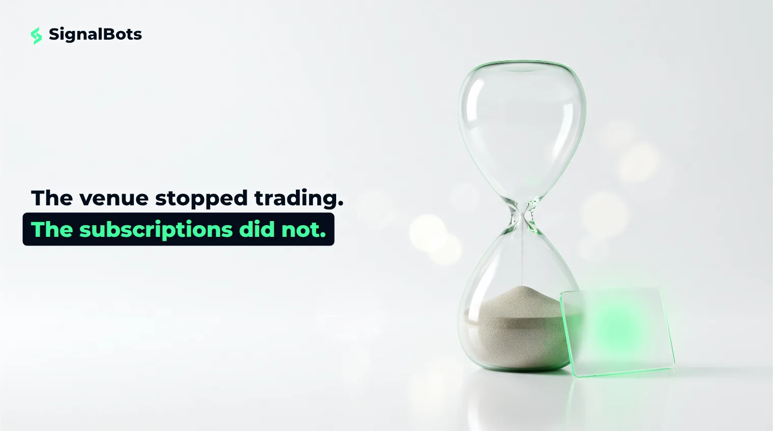 A glass hourglass whose sand has fully run out stands beside a small glass card still lit by a green glow.