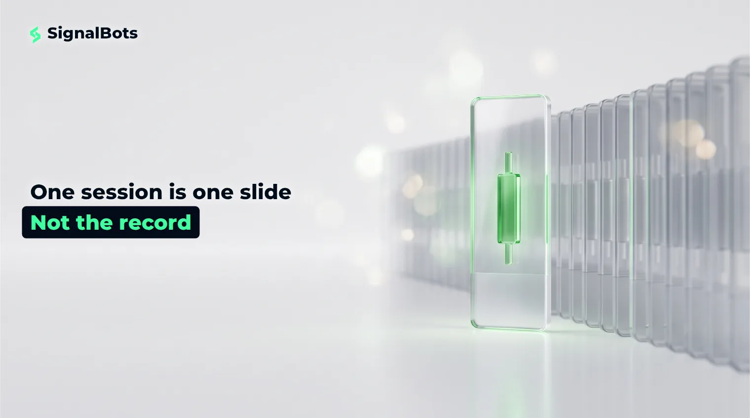 One spotlit glass slide holding a single green candlestick stands in front of a long, blurred row of identical unlit slides.