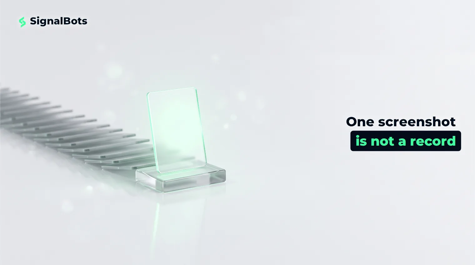 One brightly lit glass card standing on a plinth while a long chain of dim, unlit cards trails away behind it into shadow.