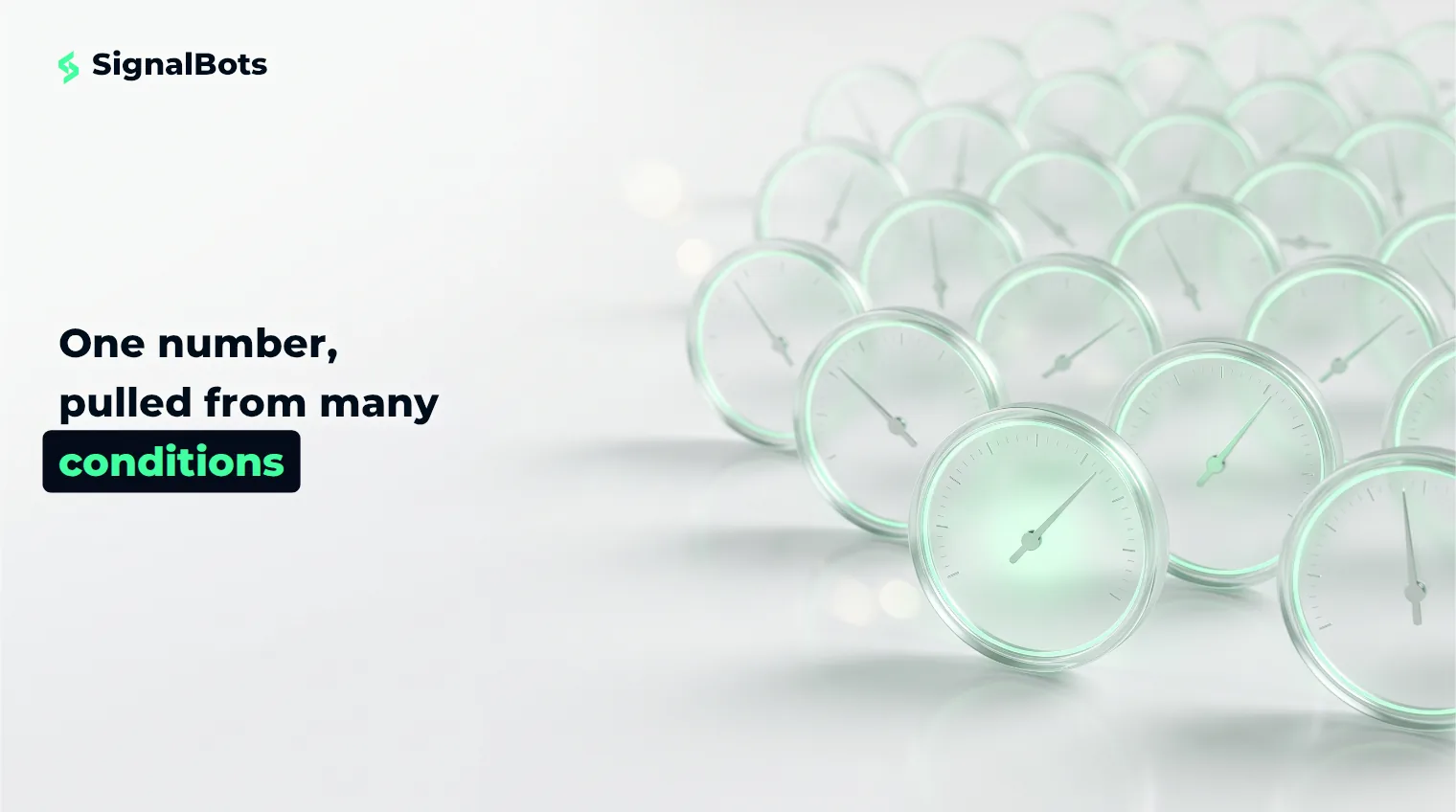 One sharply focused glass dial standing in front of dozens of blurred dials whose needles all rest at different positions.