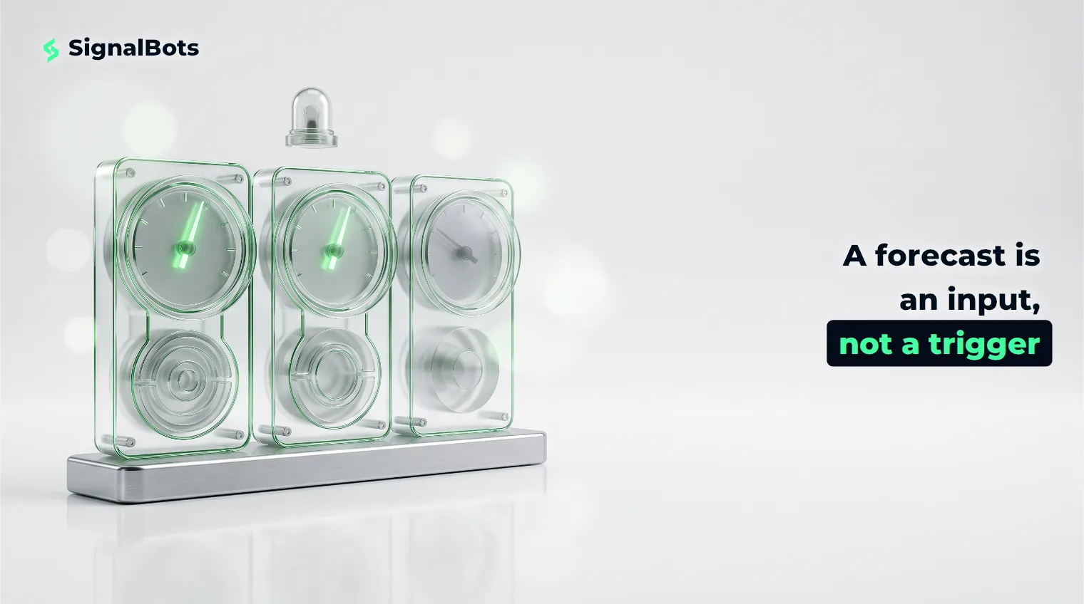 Three glass gauges on a console with two needles aligned and glowing green, the third pointing elsewhere while the indicator lamp above stays unlit.
