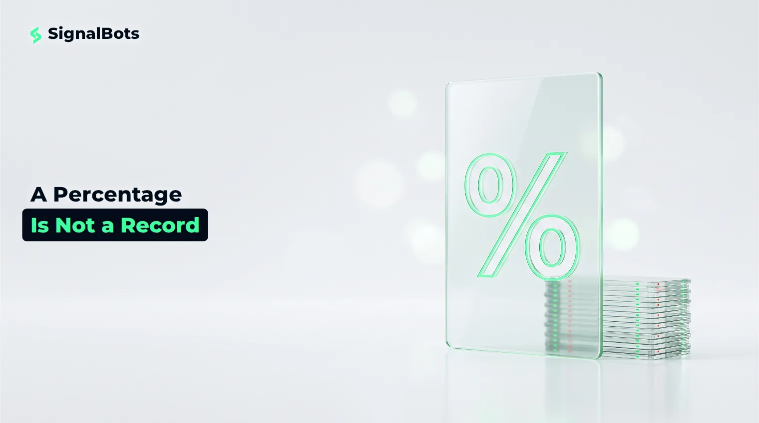 A hollow glass percent symbol standing beside a stack of small transparent cards marked with green and red ticks.