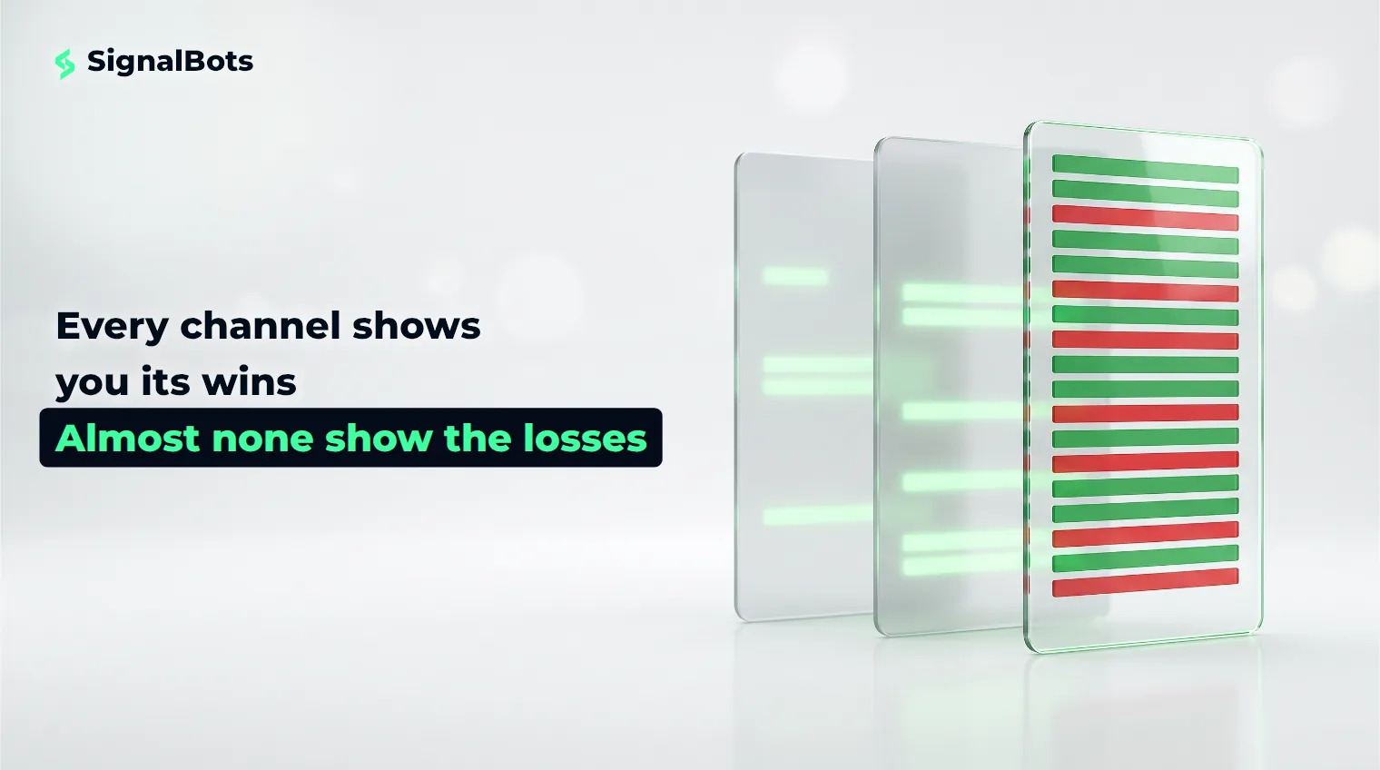 Three glass message panels on a pale surface: two are frosted and show only green bars, while the clearest panel shows a full ledger of alternating green and red bars.