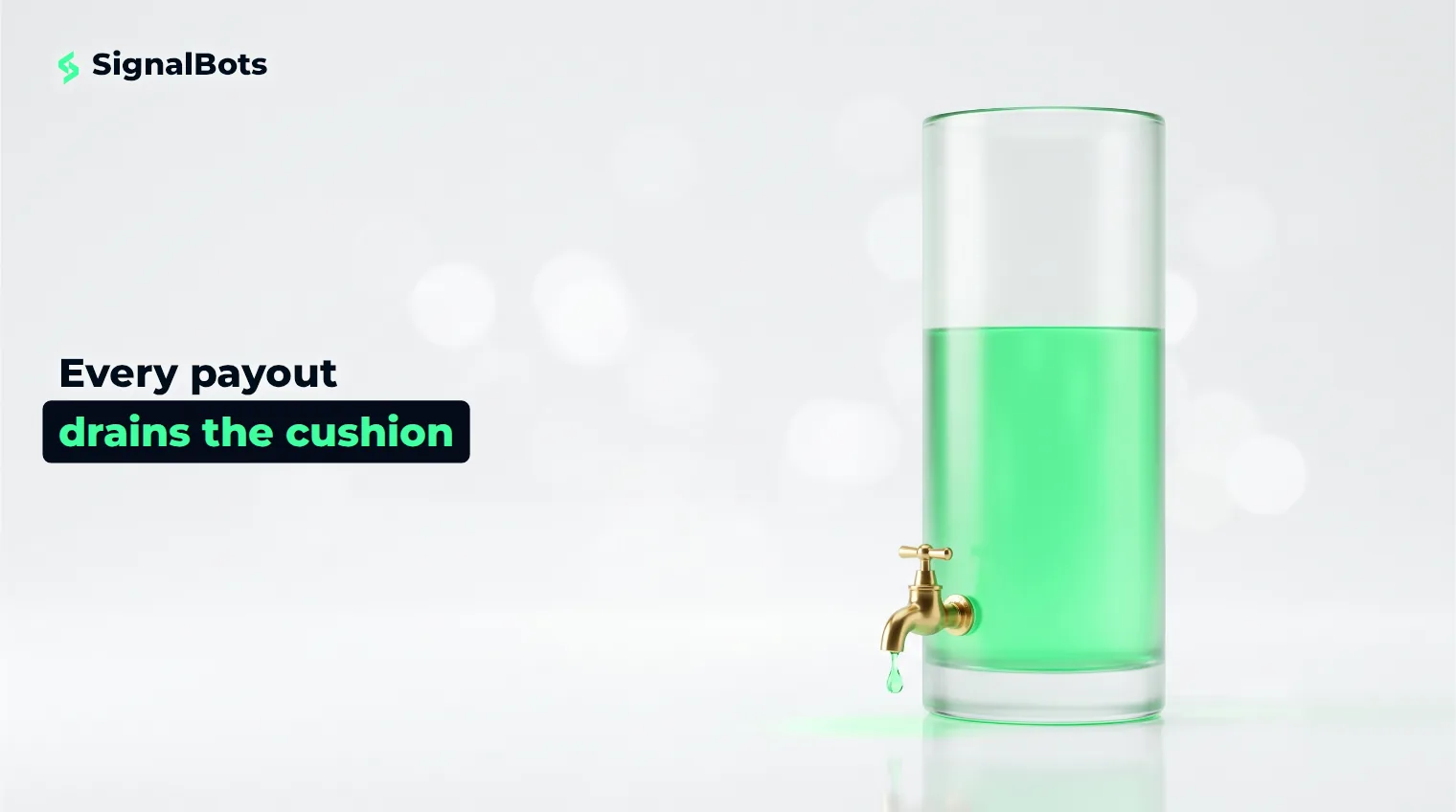 A tall glass cylinder of glowing green liquid on a pale studio surface, with a small brass tap at its base dripping one bead away.