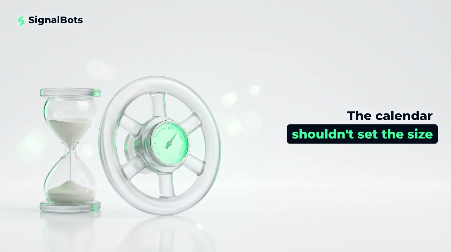 A small glass hourglass beside a larger glass valve wheel with a glowing green pressure dial, on a pale studio surface.