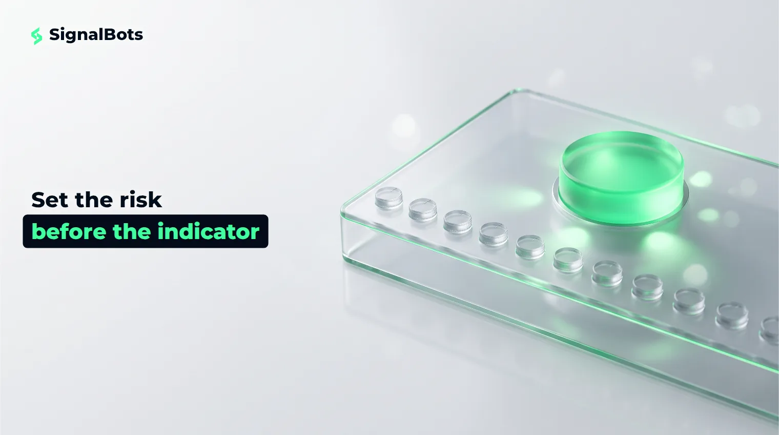 A row of small dim glass dials in front of one large glowing green master dial on a near-white surface.