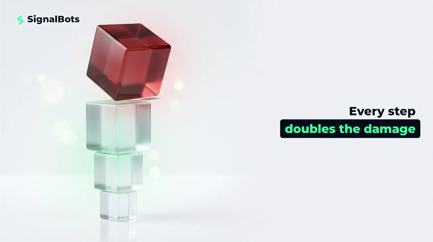 Four translucent glass cubes stacked from small to large, the oversized top cube tinted red and tilting as if about to topple.