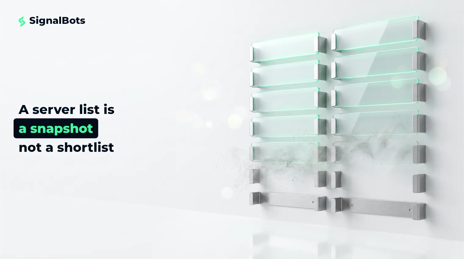 A glass directory board whose lower name-plates are crumbling into dust while the plates at the top remain crisp and lit.