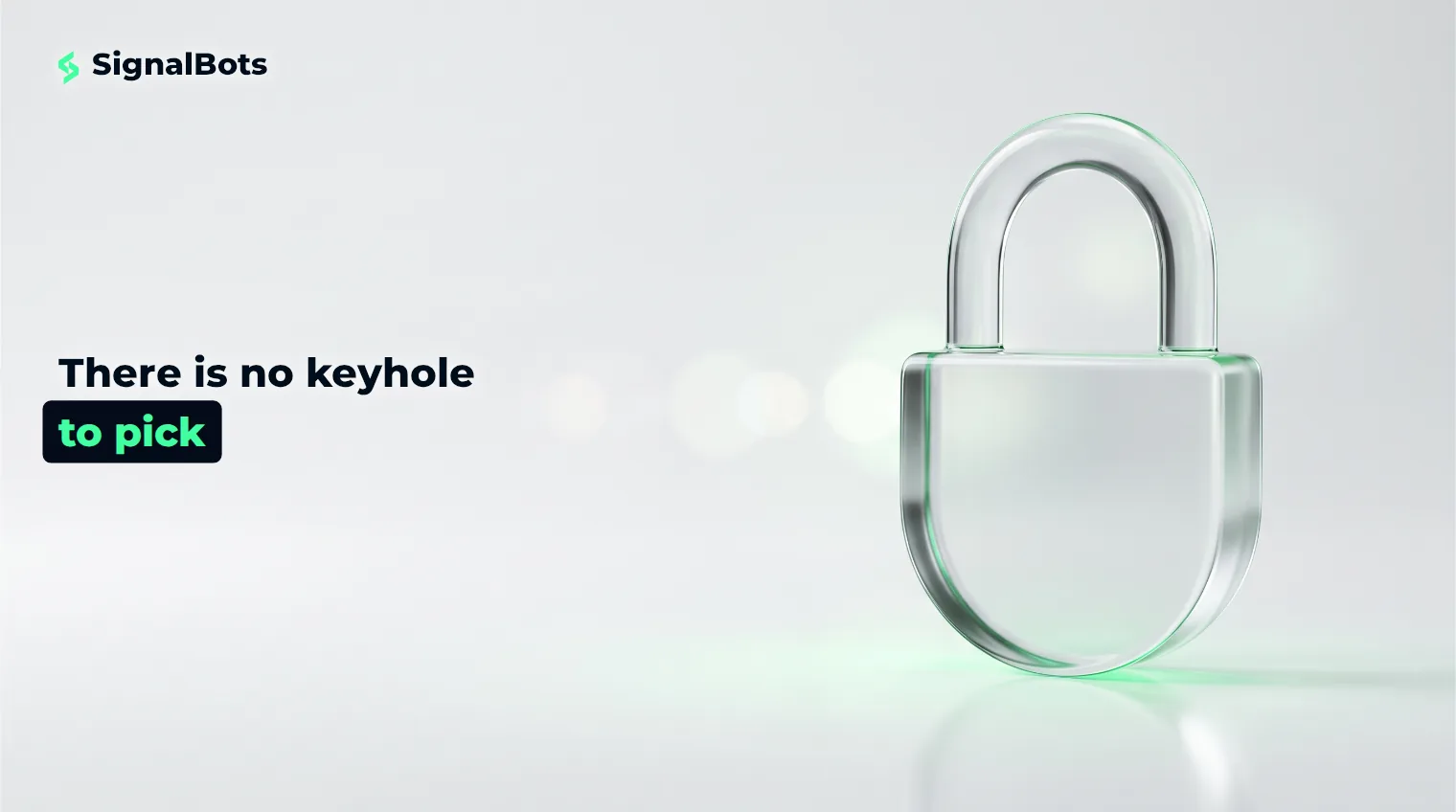 A solid glass padlock with no keyhole, resting on a pale studio surface.