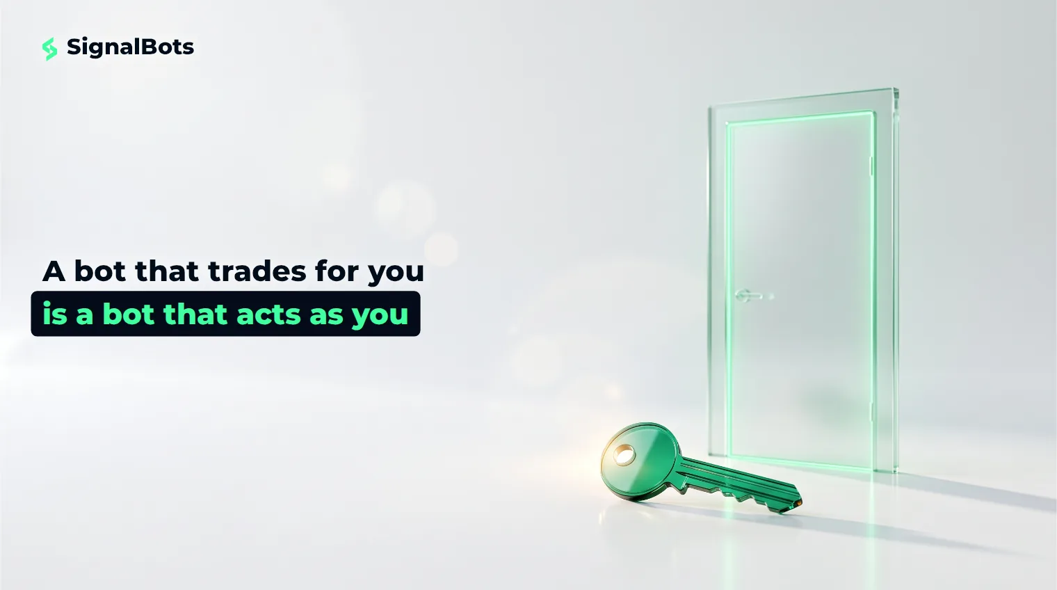 A glass key resting in front of a closed frosted-glass door on a pale studio surface, lit with a soft green glow.