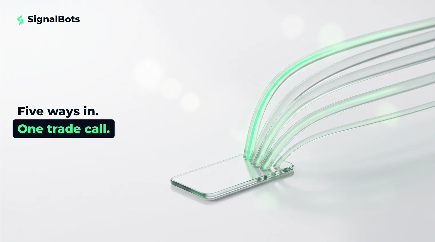 Five glass tubes of different lengths and thicknesses converging into a single glass slab, a green glow travelling along each one.