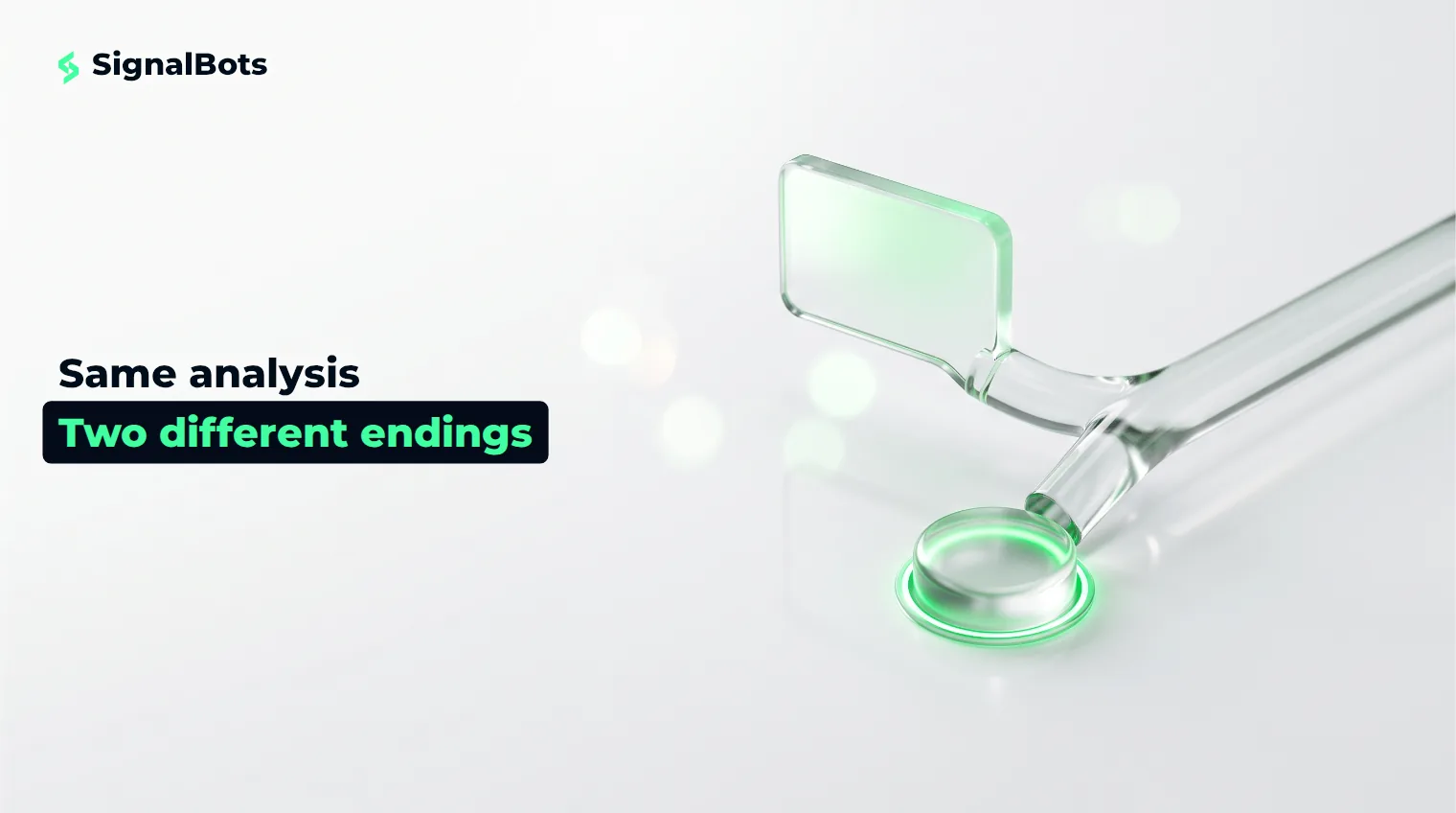 A glass rod splitting into two branches on a near-white surface, one ending in a blank message card and the other in a pressed glowing button.