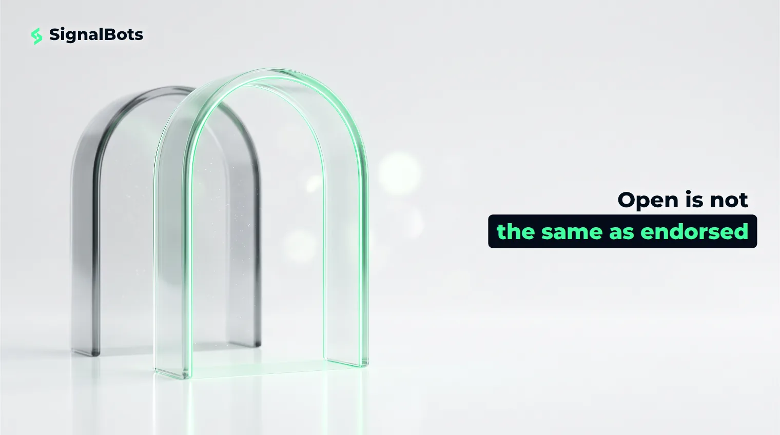 Two glass archways on a near-white surface, one brightly lit with a green rim and one unlit and frosted behind it.