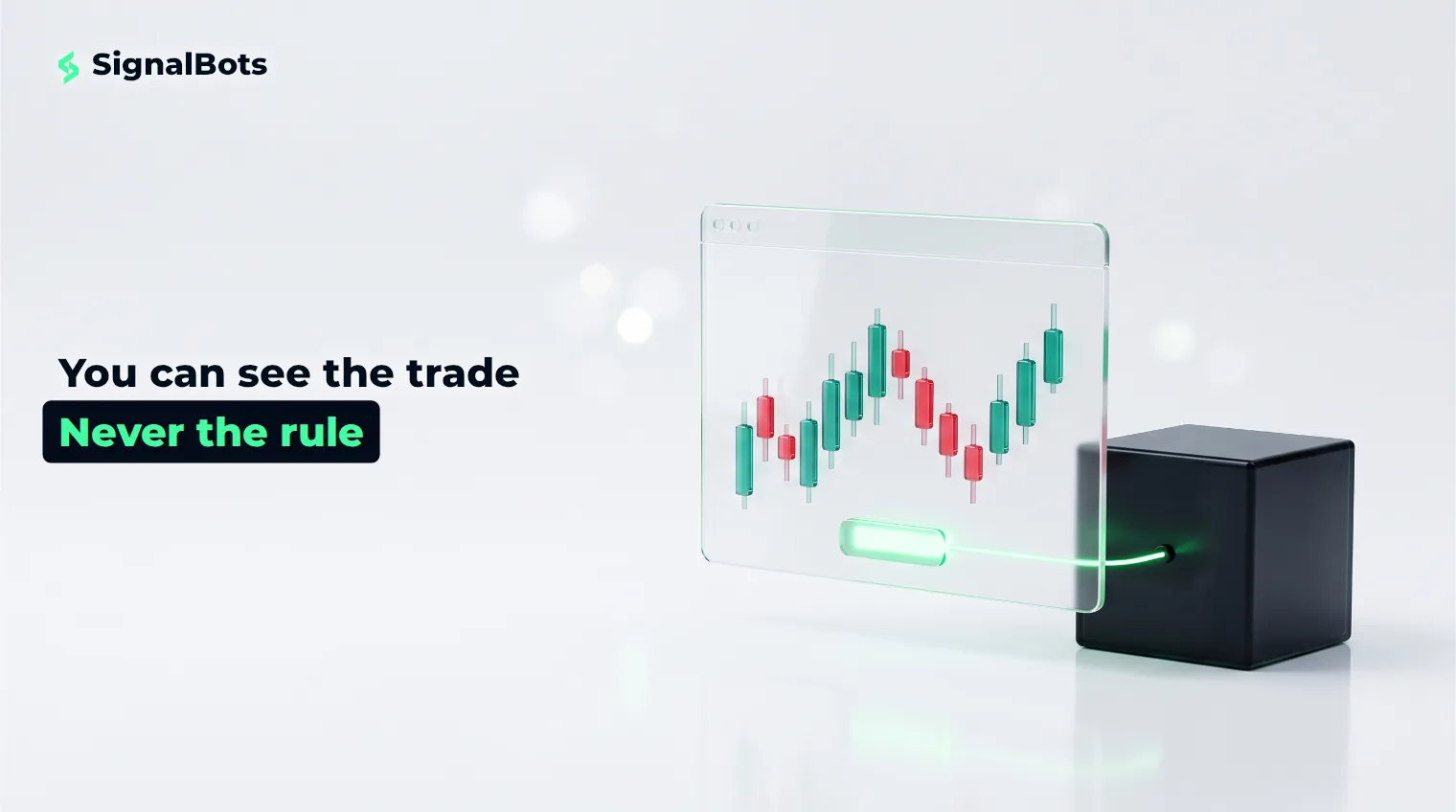 A sealed black cube feeding a single green thread of light into a glass browser panel with one lit button.