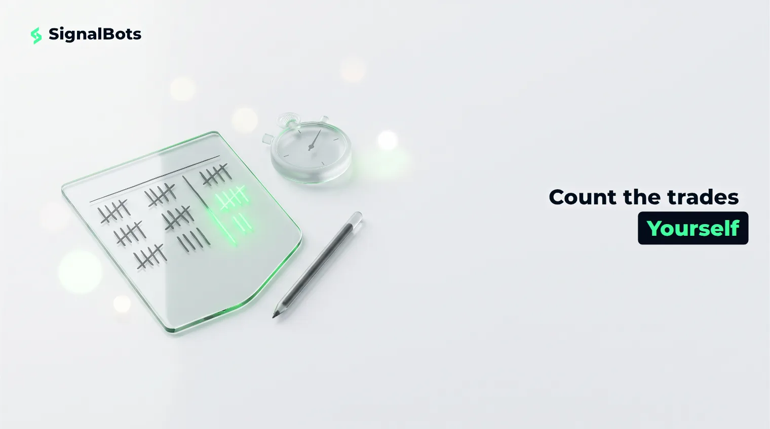 A glass ledger card covered in hand-drawn tally marks beside a frosted glass stopwatch on a pale studio surface.