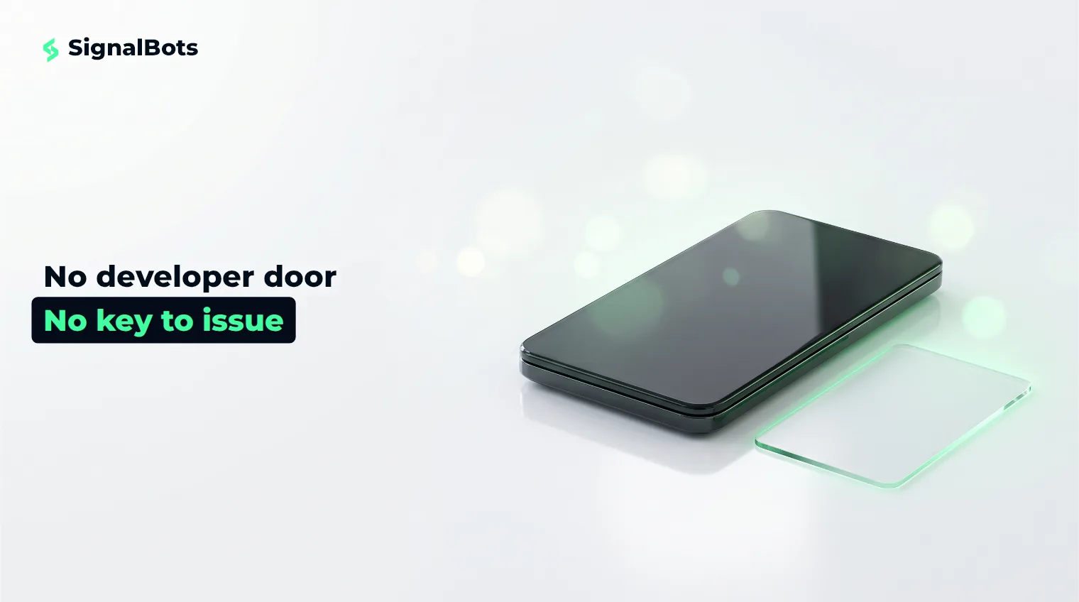 A sealed dark-glass trading terminal next to a blank frosted keycard with no cuts, on a near-white surface.