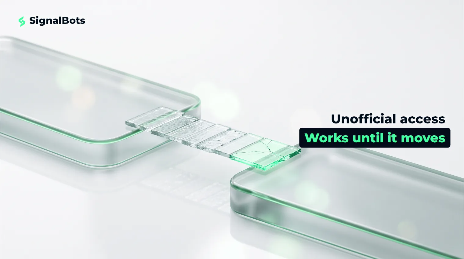 A thin improvised glass bridge with a hairline crack spanning the gap between two glass platforms.