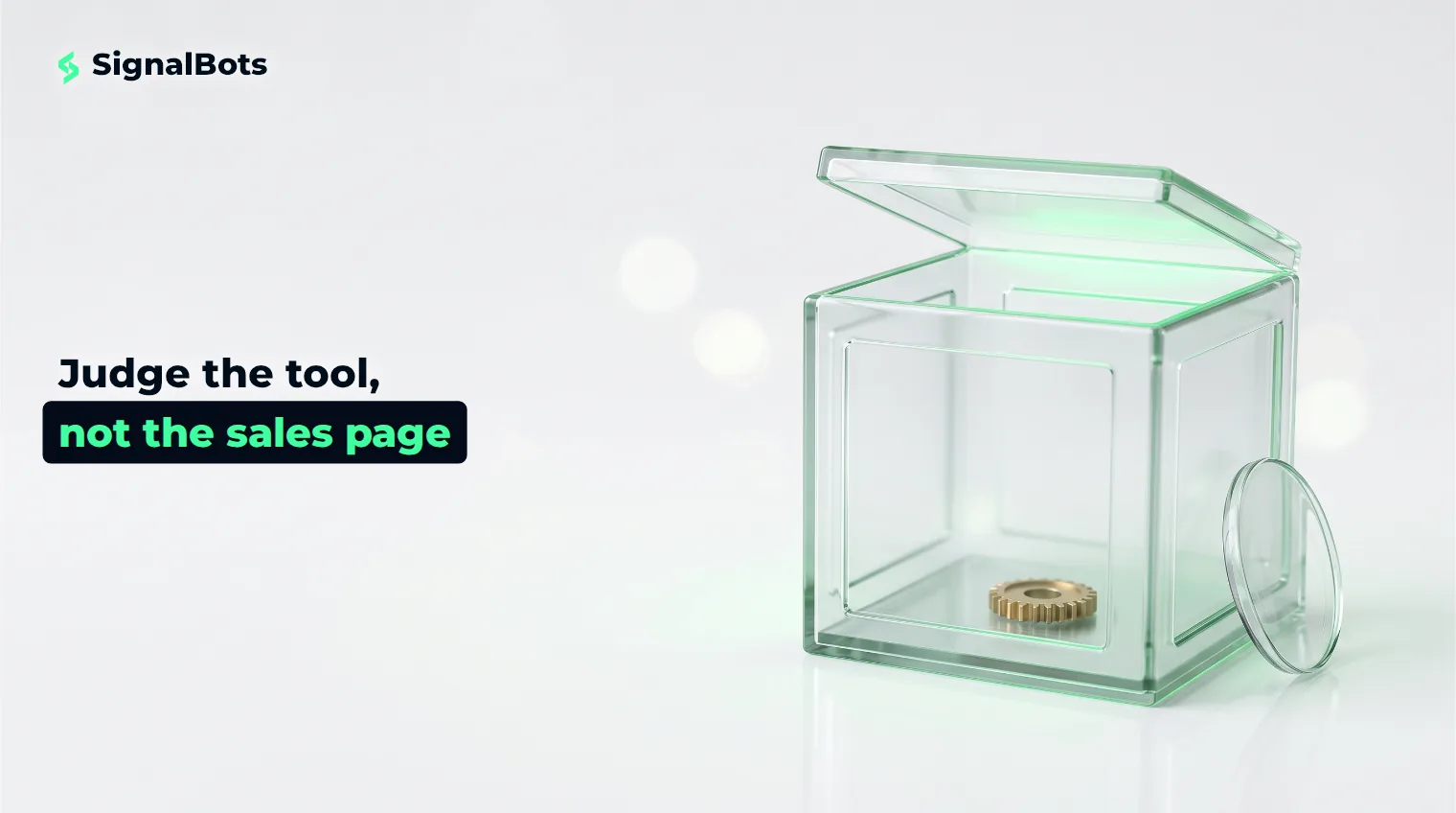 A sealed glass crate on a near-white surface with its lid slightly raised, revealing a nearly empty interior holding a single small gear, with a magnifier leaning against it.