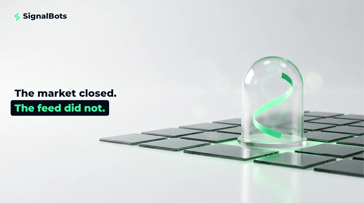 A small glass dome containing a still-glowing green price line stands lit on a pale surface while the grid of glass tiles around it has gone dark.