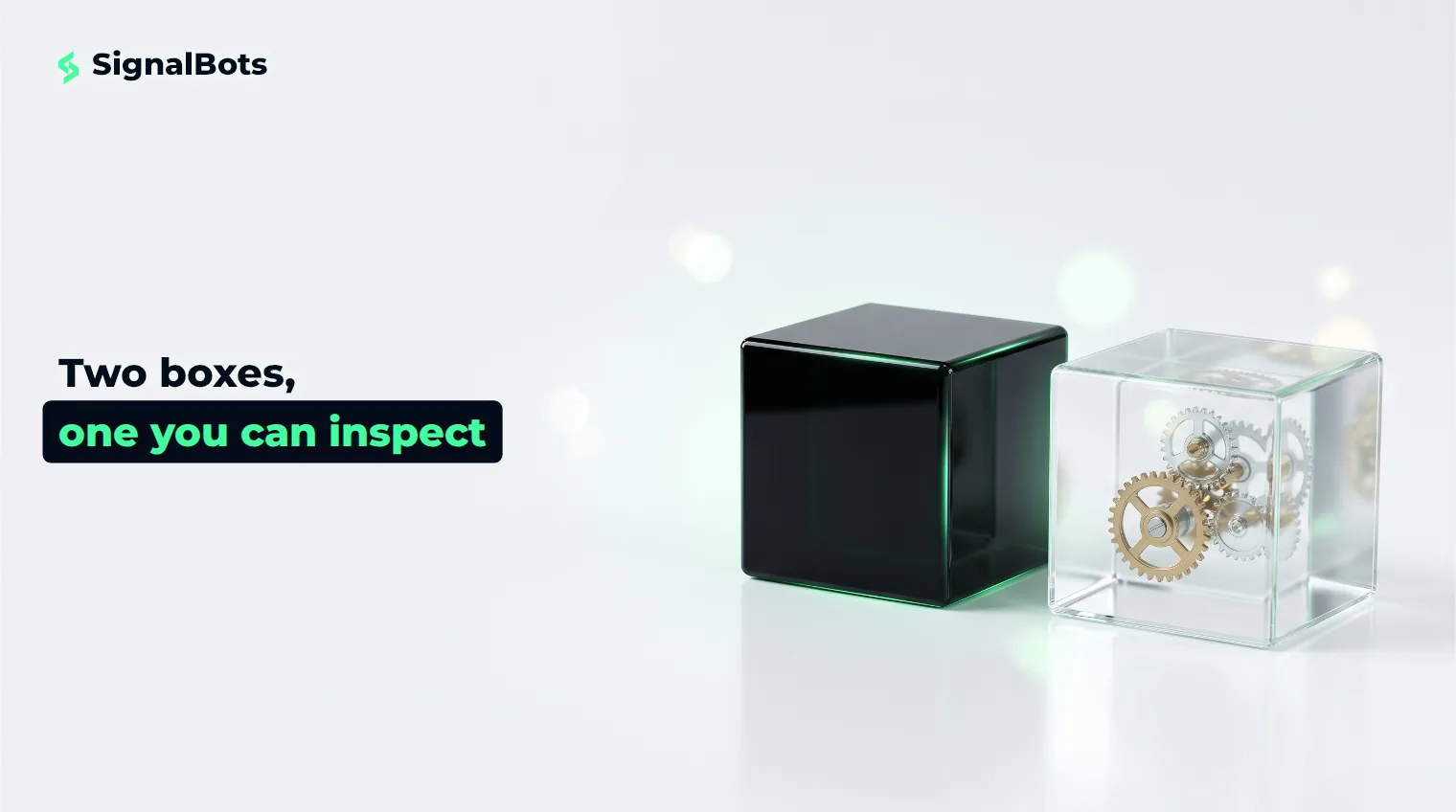 A sealed opaque black glass cube beside a transparent glass cube revealing the gears inside, on a near-white studio surface.