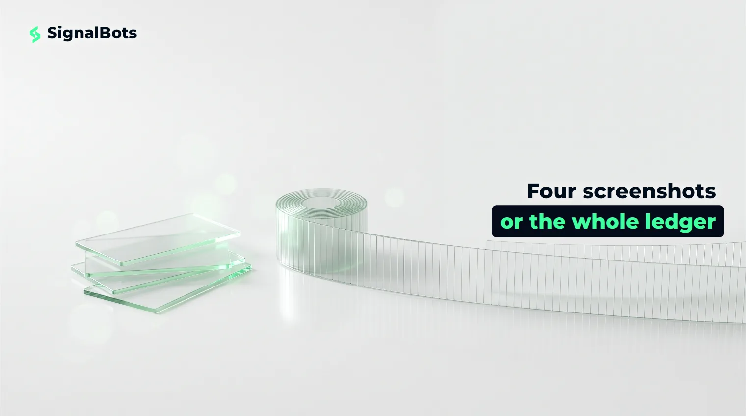 A small stack of glossy glass cards beside a long finely ruled glass ribbon unspooling off the frame.