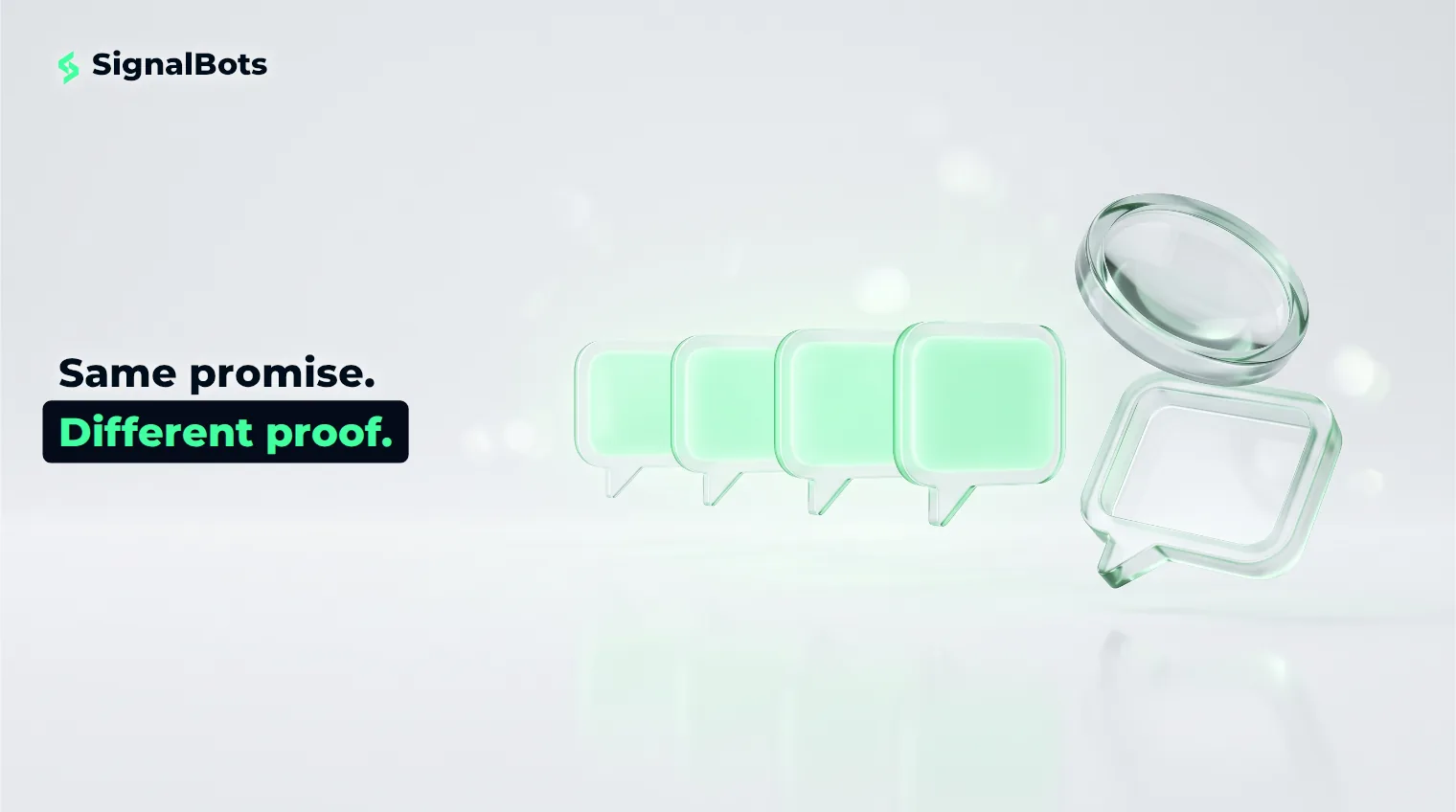 A row of identical glowing glass message cards, one lifted out and examined under a magnifier that reveals it is hollow.