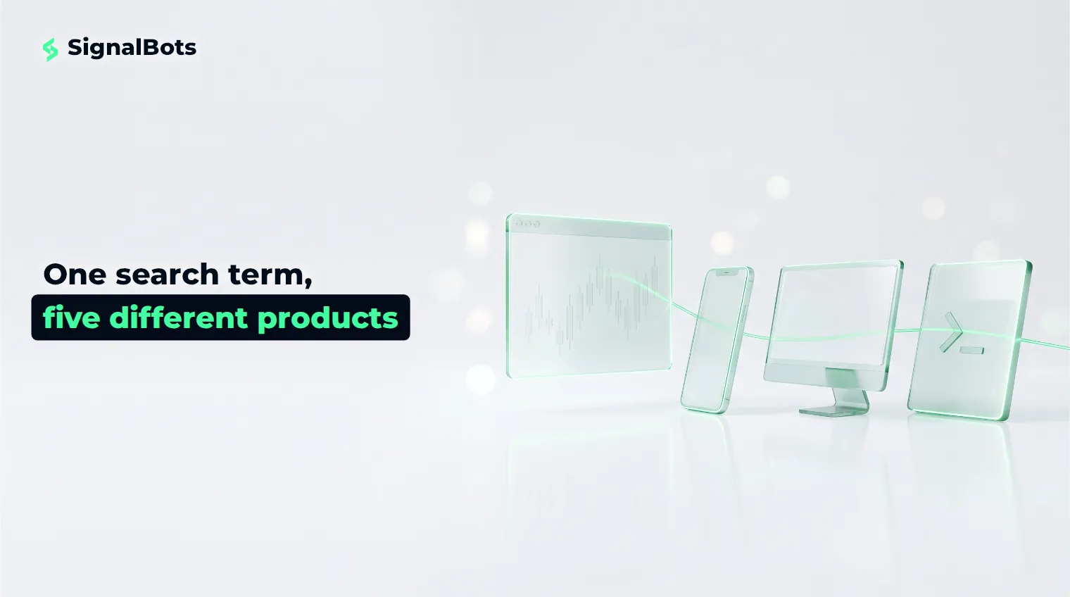 Four glass objects — a browser pane, a phone, a monitor and a terminal slab — linked by a single green light thread on a near-white surface.