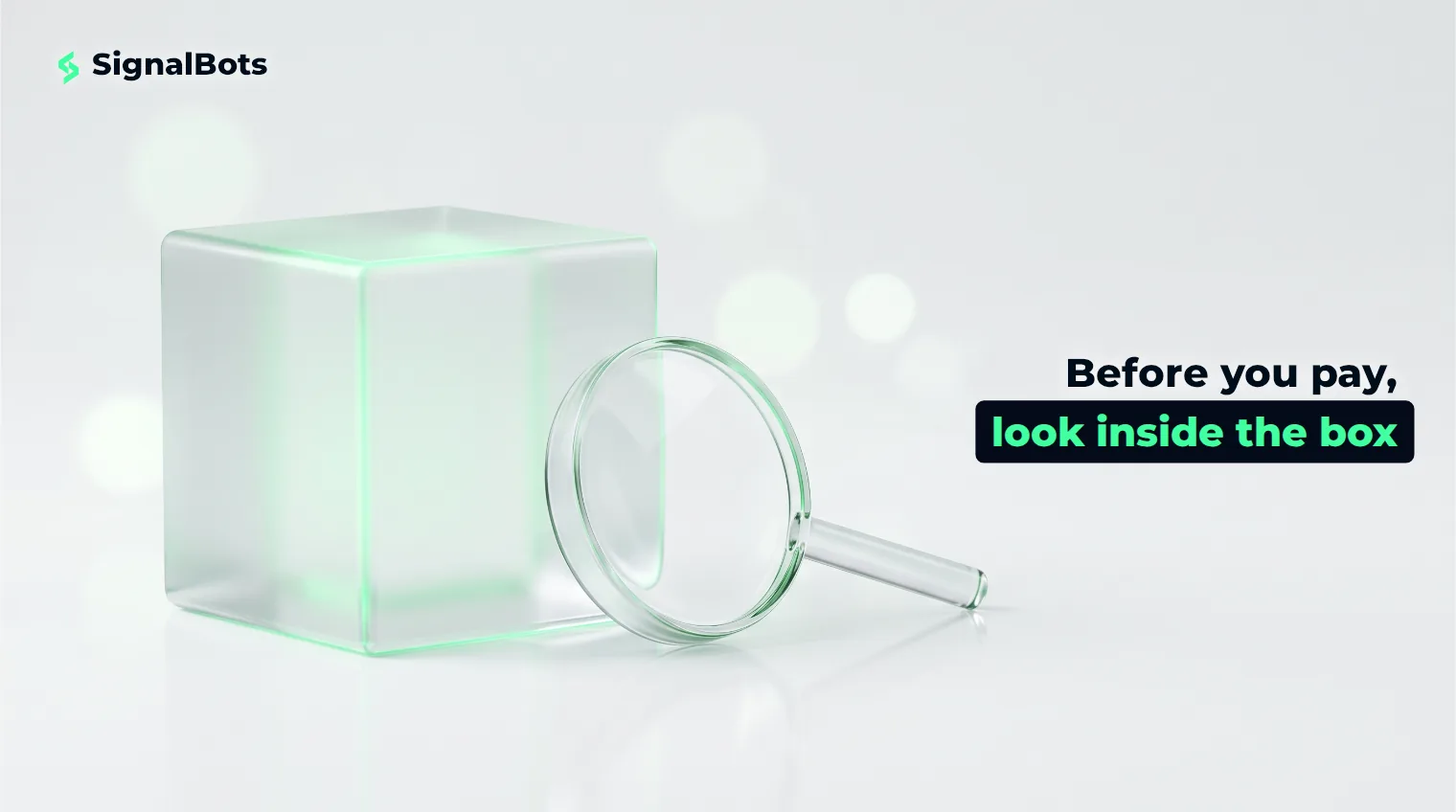 A sealed frosted glass cube glowing faintly green beside an unused glass magnifier on a near-white surface.