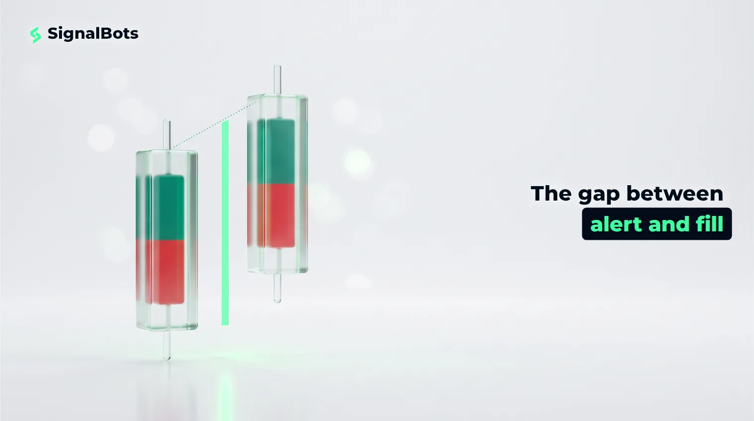 A glass candlestick beside a slightly higher glass marker, with a narrow glowing green gap measured between them on a pale surface.