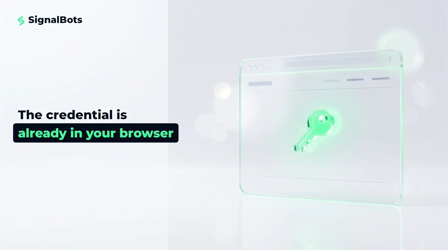 A glass browser window on a near-white surface with a small green-lit key shape glowing inside it.