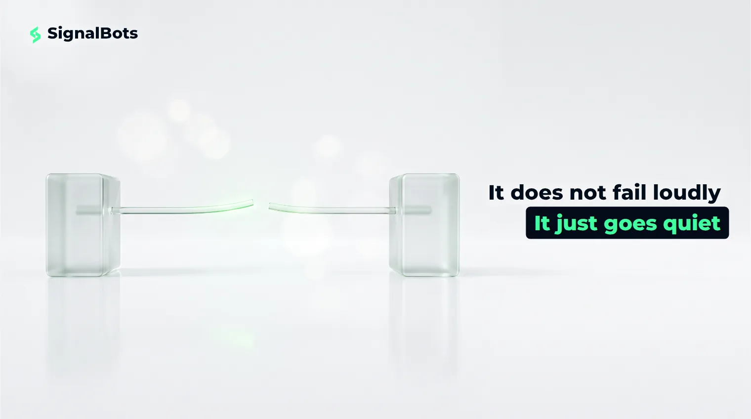 A glass filament between two anchors on a near-white surface, silently parted at one point with green light fading past the break.