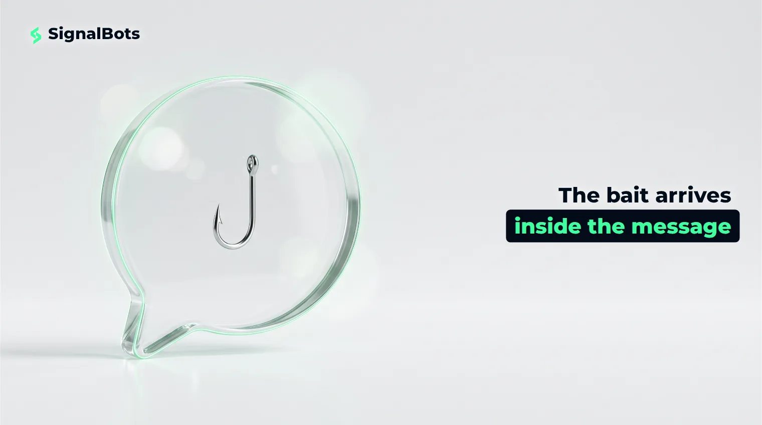A glass chat bubble on a pale surface with a small metal fish hook suspended inside the glass.