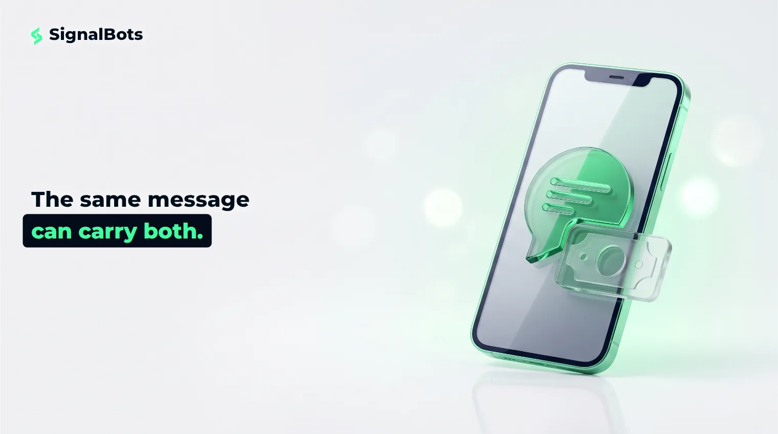 A glowing glass smartphone displaying a chat bubble fused with a small currency note shape, on a near-white background with calm negative space reserved for text.