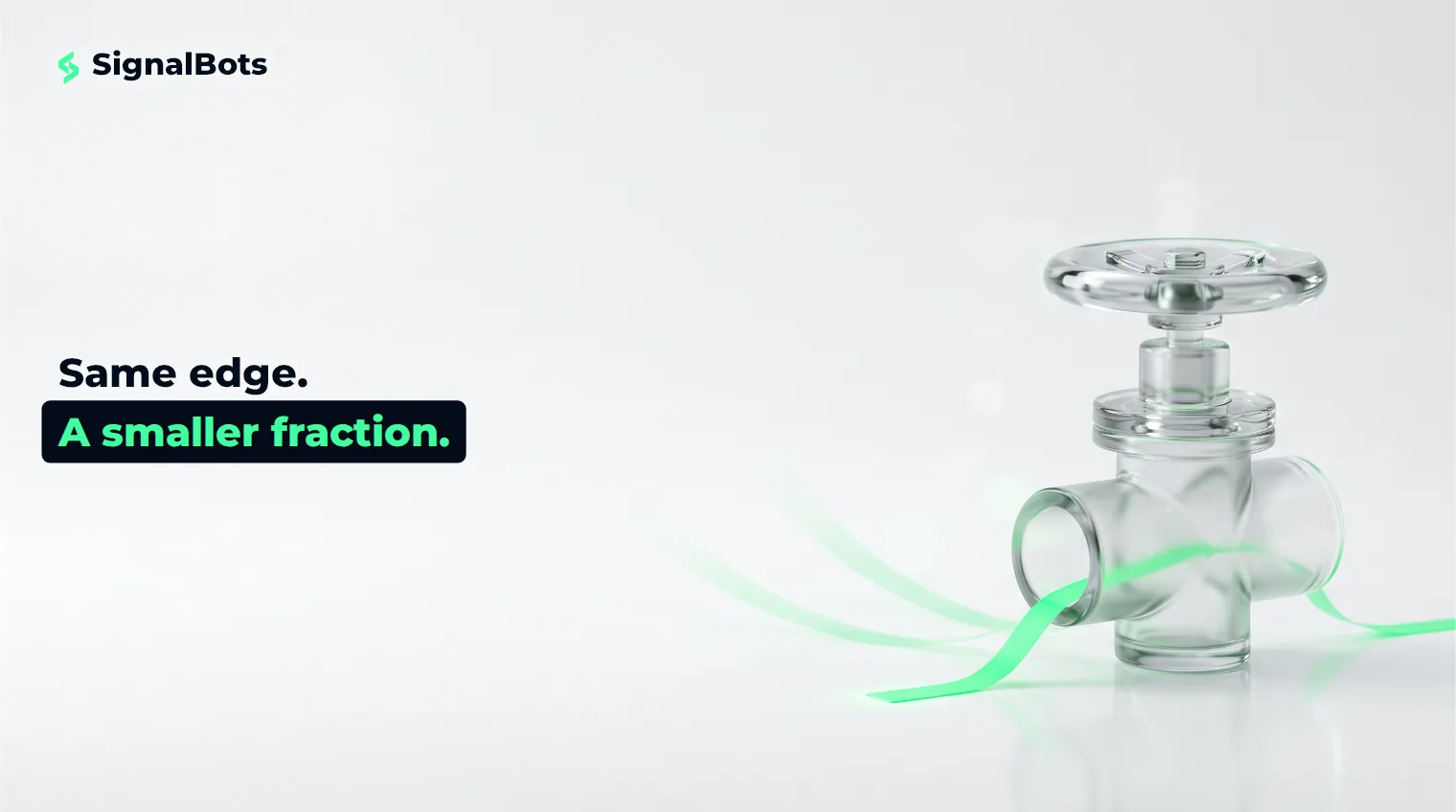 A glass valve wheel turned nearly closed on a near-white surface, letting a thin ribbon of green light through, with two wider faded ribbons behind it.