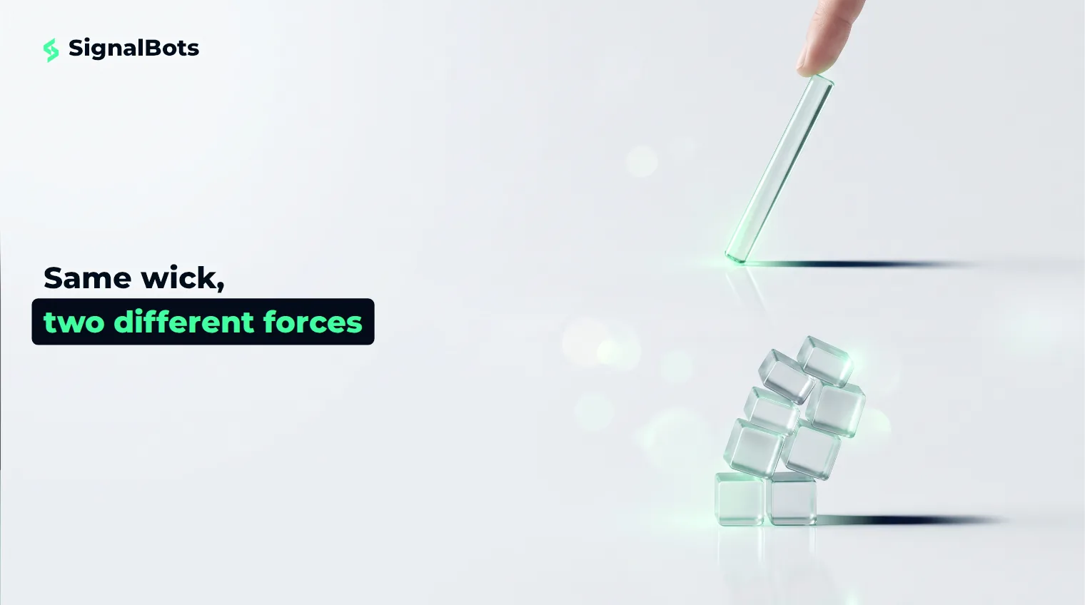 Two separate glass objects on a pale surface, a pressed-down rod and an independently toppling stack of blocks, each casting the identical shadow streak.