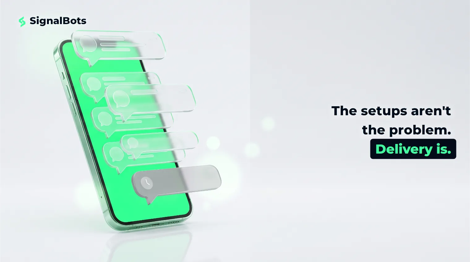 A glowing smartphone screen with a cascade of chat notification bubbles, one faded and marked with a small clock icon to show it arrived too late to act on.