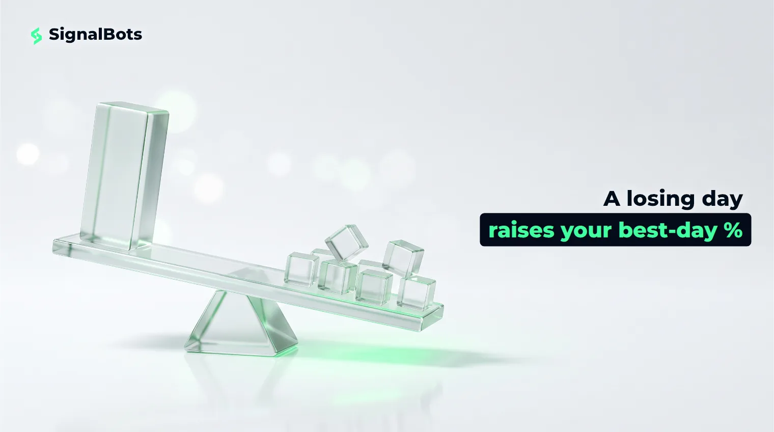 A glass beam balance tipping toward one large block as smaller blocks disappear from the opposite arm.